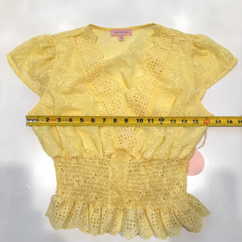 NWT Rose and Grey Yellow Eyelet Floral Lace Top Smocked Waist Sheer Size Medium - Picture 3 of 7